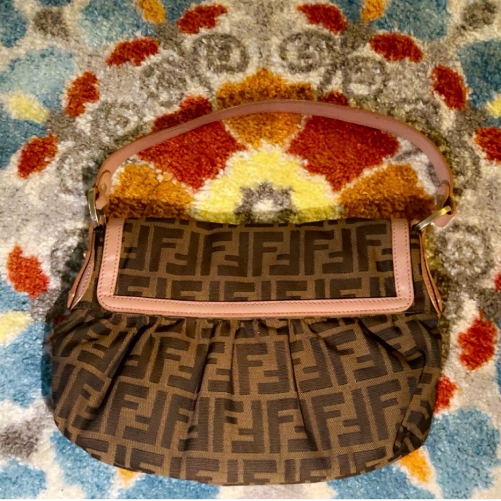 Fendi Brown Monogram Shoulder Bag with Pink Trim